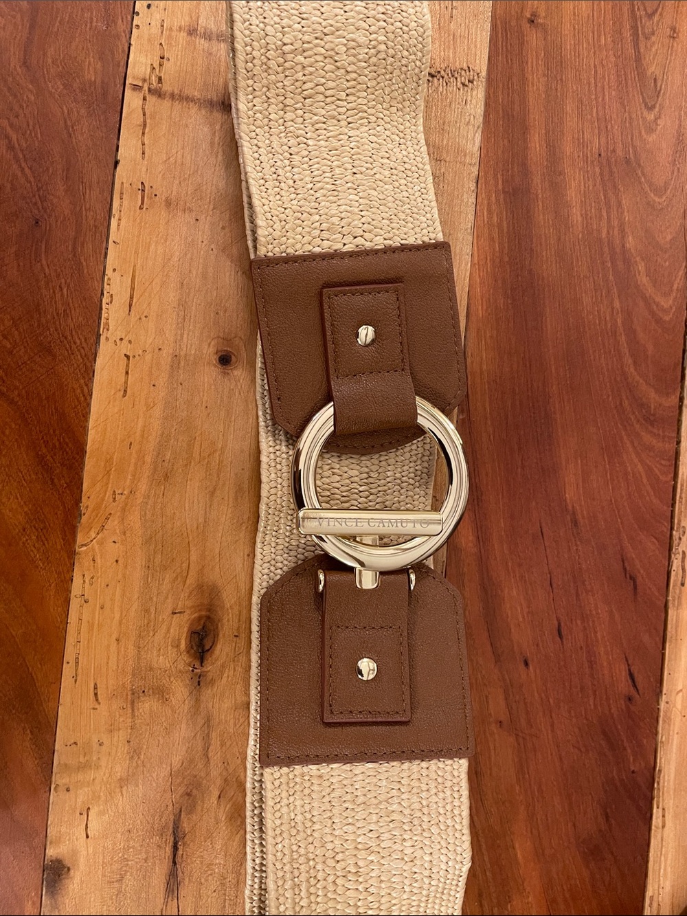 Vince Camuto Beige Woven Stretch Belt with Brown Leather Trim NWOT
